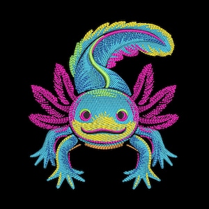 May include: Embroidered axolotl design in vibrant colours. The aquatic salamander features a blue body with pink, yellow, and green accents. The axolotl has a smiling face and feathery gills, set against a black background.