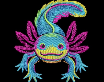 Neon Axolotl Embroidery Design, Cute Kawaii Ocean Animal Machine Embroidery File, DST PES – Multi Sizes