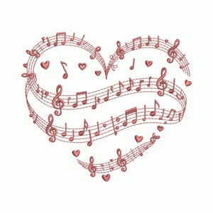 May include: A heart-shaped design featuring musical notes and symbols in a reddish-brown colour. The musical notes are arranged on curved staff lines, with treble clefs and small heart shapes throughout the design.
