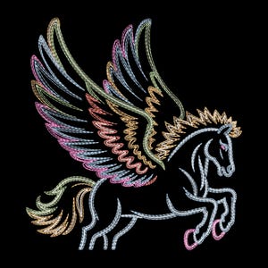 May include: A black silhouette of a Pegasus, a mythical winged horse, with colorful wings and mane. The wings feature a rainbow of colors, including pink, yellow, and blue. The horse is in a rearing pose.
