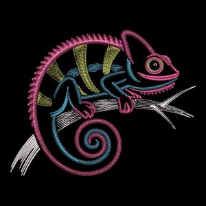 May include: A neon-colored embroidered chameleon design on a black background. The chameleon is perched on a branch, with a pink, yellow, and blue color scheme. The design has a textured, stitched appearance.
