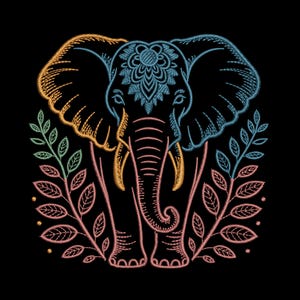 May include: An embroidered design on a black background featuring a central elephant head with a floral pattern on its forehead. The elephant is outlined in blue, orange, and pink thread, flanked by two symmetrical leafy branches in pink and blue.