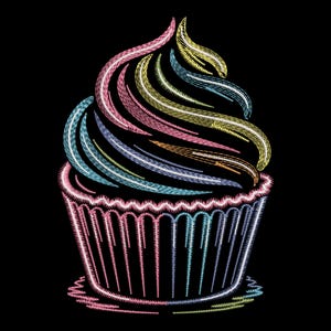 May include: A colorful cupcake illustration on a black background. The cupcake features a swirl of frosting in shades of pink, yellow, blue, and white. The cupcake liner is pink and blue, with a scalloped edge. The image is a digital illustration.