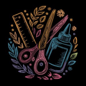 Puede incluir: Ilustración circular sobre fondo negro con materiales de manualidades. Una regla, tijeras y un frasco de pegamento están rodeados de hojas y flores. El diseño utiliza un efecto cosido con colores rosa, amarillo, azul y verde.