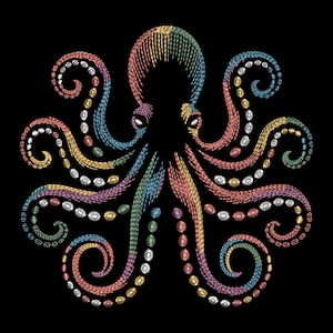 May include: A colorful octopus design on a black background. The octopus is rendered in a rainbow of colors, including yellow, orange, pink, purple, blue, and green. The tentacles curl and feature white and colored details.