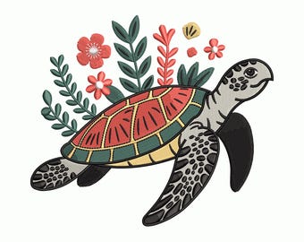 May include: Embroidered sea turtle design with a red and green shell, surrounded by red flowers and green foliage. The turtle has black flippers and a gray head with black spots. A decorative design for apparel or home decor.