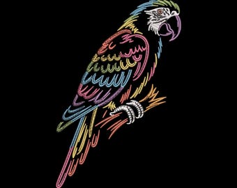 Neon Parrot Bird Embroidery Design, Vibrant Tropical Jungle Parrot Embroidery Machine File – PES JEF DST, 9 Sizes
