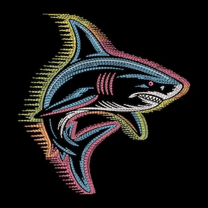 May include: A stylized illustration of a shark on a black background. The shark is rendered with colorful, textured lines in shades of blue, pink, yellow, and white. The design features sharp teeth and a detailed fin.