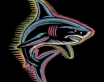 Neon Shark Embroidery Design, Ocean Predator Animal Machine Embroidery File – DST PES VP3, 9 Sizes