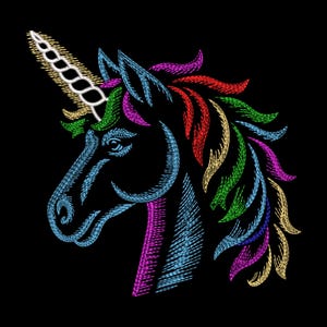 May include: A colorful embroidered unicorn head on a black background. The unicorn's horn is gold and white, with a rainbow mane of red, green, yellow, and purple. The head and neck are outlined in blue and pink thread.