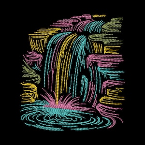 May include: An abstract illustration of a waterfall against a black background. The waterfall is depicted with yellow, blue, and pink lines, creating a textured effect. The water flows into a pool of water at the bottom.