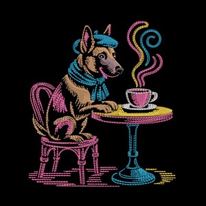May include: An embroidered design on a black background featuring a brown dog wearing a blue beret and scarf, sitting on a pink chair at a yellow table with a pink teacup and swirling steam in shades of pink, yellow, and blue.