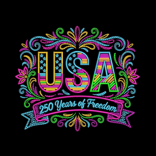 VS 250 jaar vrijheid borduurontwerp, neon patriottisch Amerika jubileum machineborduurpatroon
