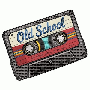 May include: Embroidered cassette tape design with the words "Old School" in blue script. The tape features a red and cream-colored label with colorful stripes and detailed reel components. The cassette has a gray mesh-like border and is set against a white background.