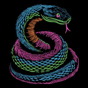 May include: A colorful snake illustration on a black background. The snake is depicted in shades of blue, green, orange, and pink, with a pink tongue and a green eye. The design has a textured, embroidered appearance.