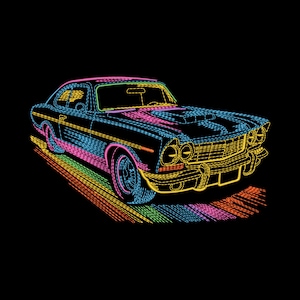 Könnte beinhalten: Illustration eines schwarzen Oldtimers mit Neon-Regenbogenlinien. Das Auto hat eine Hutze, Scheinwerfer und einen detaillierten Kühlergrill. Das Design umfasst farbenfrohe Linien in Blau, Pink, Gelb und Orange, die einen lebendigen Retro-Look auf schwarzem Hintergrund erzeugen.