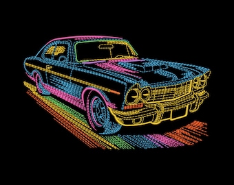 Colorful Neon Retro Car Embroidery Design – Vintage Vehicle Machine Embroidery File, Neon Classic Car Pattern, DST PES & More, 9 Sizes