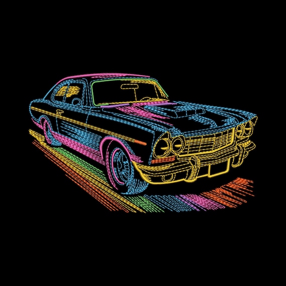Colorful Neon Retro Car Embroidery Design – Vintage Vehicle Machine Embroidery File, Neon Classic Car Pattern, DST PES & More, 9 Sizes