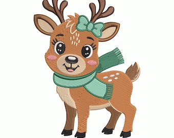 Baby Rentier Stickmuster, Weihnachtstier Stickbild, Festliches Winter Reh Stickmuster, 9 Grössen DST PES JEF
