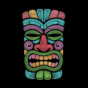 Peut inclure: Un motif de masque Tiki coloré sur fond noir. Le masque présente une variété de couleurs, notamment rose, vert, bleu, jaune et orange. Le design est de style art tribal, avec un aspect brodé détaillé.