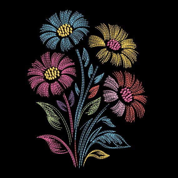 Neon Wildflower Garden Embroidery Design, Colorful Floral Trio Botanical Machine Embroidery File – DST PES JEF, 9 Sizes