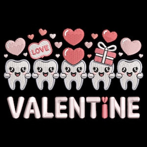 May include: Embroidered design with five cartoon teeth holding hands, hearts, and a gift box. A heart-shaped speech bubble says "LOVE", and the word "VALENTINE" is below. The design is on a black background, perfect for Valentine's Day.