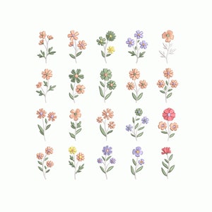 Könnte beinhalten: Eine Sammlung von 18 floralen Illustrationen im Aquarellstil. Jede Blume hat eine einzigartige Farbpalette, darunter Pfirsich, Grün, Lila und Gelb. Die Blumen haben grüne Stiele und Blätter, vor einem weißen Hintergrund. Die Illustrationen sind zart und detailliert.