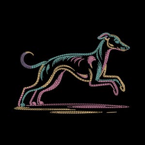 May include: An embroidered design of a running greyhound dog on a black background. The dog is depicted in a stylized manner using multi-colored thread in shades of teal, pink, and gold, creating a vibrant outline and textured appearance.