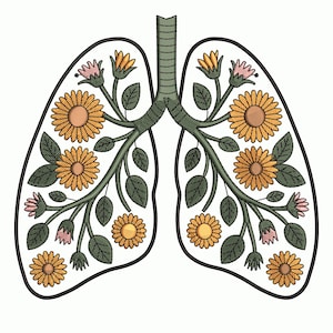 以下が含まれることがあります： 黄色いヒマワリ、ピンクのつぼみ、緑の葉で満たされた肺の刺繍デザイン。肺は黒で縁取られ、緑の茎と枝があります。デザインは白い背景にあります。