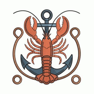 Puede incluir: Diseño bordado con una langosta naranja sobre un ancla azul. La langosta está rodeada por una cuerda marrón y dos lazos de cuerda. El diseño está sobre un fondo blanco.