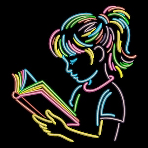 May include: An embroidered design depicting a person reading a book. The person's silhouette is black, with the hair and book pages in bright rainbow colours. The background is a solid black.