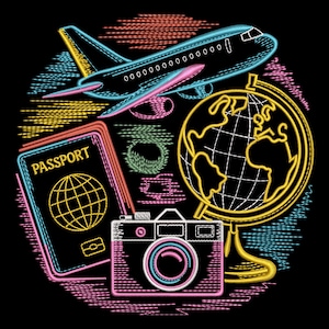 Könnte beinhalten: Schwarze Grafik mit Illustrationen zum Thema Reisen. Enthält ein blaues Flugzeug, einen Globus, einen Reisepass mit dem Wort "PASSPORT" und eine Kamera. Die Illustrationen sind in Neonfarben umrandet, darunter Pink, Gelb und Blau.
