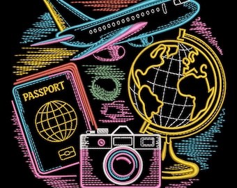 Neon Colorful Travel Essentials Embroidery Design, Passport Camera Airplane Globe Adventure Embroidery Machine File – EXP DST PES, 9 Sizes