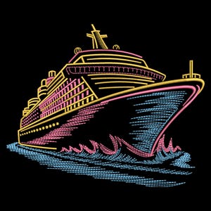 Pode incluir: Ilustração de um navio de cruzeiro sobre um fundo preto. O navio é delineado em amarelo e rosa, com ondas azuis. O navio tem vários decks e uma chaminé. A imagem é uma ilustração digital.