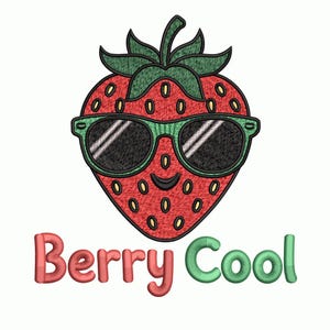 May include: Embroidered design of a red strawberry wearing green sunglasses. The strawberry has a smiling face and is decorated with small yellow seeds. The text "Berry Cool" is below the strawberry, with "Berry" in red and "Cool" in green.