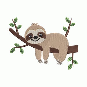 May include: A cartoon sloth embroidered on a white background. The sloth is light brown with a darker brown face and a smiling expression. It is hanging from a brown branch with green leaves. The image has a simple, clean design.