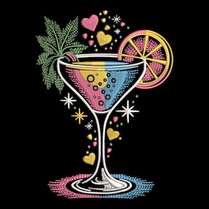 May include: Embroidered cocktail glass design with pink, yellow, and blue layers, a lemon slice, and a sprig of leaves. The design includes hearts and starbursts on a black background. The glass has a white stem and base.