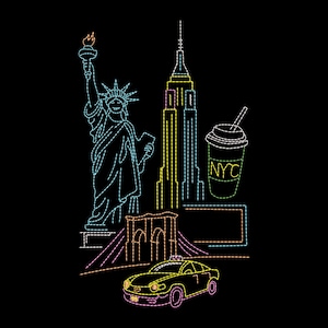 Może przedstawiać: Czarna grafika przedstawiająca kultowe zabytki Nowego Jorku. Statua Wolności, Empire State Building, Most Brooklyński, taksówka i kubek kawy z napisem "NYC" są przedstawione w neonowym ściegu.