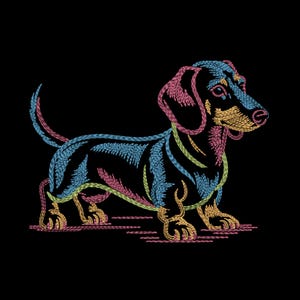 May include: An embroidered dachshund design featuring a black base with vibrant, multi-colored stitching in shades of blue, pink, yellow, and green. The dog is depicted in profile, standing with its tail raised, showcasing detailed thread work.