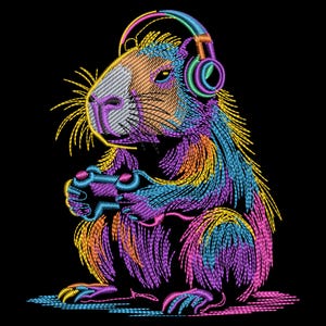 May include: A colorful embroidered design of a capybara wearing headphones and holding a video game controller. The capybara is rendered in shades of orange, yellow, blue, purple, and pink against a black background. The design has a textured, stitched appearance.