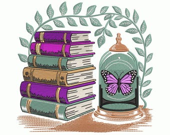 Books Butterfly Jar Embroidery Design – Literary Garden Pattern, Magical Book Lover Stitch File, DST PES & More, 9 Sizes