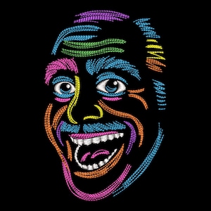 May include: A colorful embroidered portrait of a smiling face against a black background. The artwork features vibrant threads in shades of pink, blue, green, yellow, and orange, creating a textured effect. The eyes, mouth, and facial features are clearly defined.