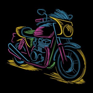 Op de afbeelding: Een kleurrijke motorfietsillustratie op een zwarte achtergrond. Het ontwerp toont een motorfietsomtrek met neonkleurige steken in blauw, roze, geel en groen. De afbeelding toont de details van de motorfiets, inclusief de wielen, motor en het stuur.