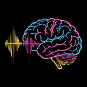 May include: An embroidered design of a human brain with blue and pink highlights, set against a black background. A yellow and pink sound wave graphic is positioned to the left of the brain, suggesting neurological activity.