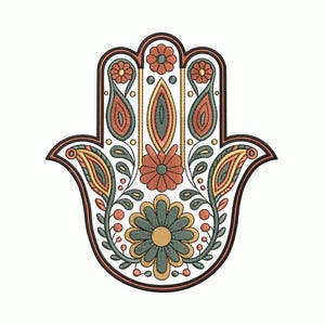May include: Embroidered Hamsa hand design with a detailed floral pattern. The design features a variety of colors, including orange, yellow, green, and blue, with a dark brown outline. The hand is a symbol of protection and good fortune.