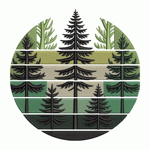 May include: Embroidered design of a forest scene within a circle. The design features stylized black pine trees against a backdrop of green and tan horizontal stripes. The overall aesthetic is a nature-inspired, geometric pattern.
