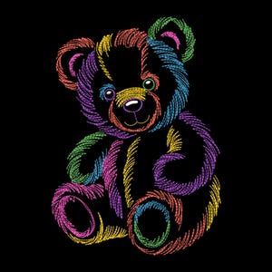 May include: A colorful embroidered teddy bear design on a black background. The bear is black with rainbow-colored stitching outlining its features, including the eyes, nose, and ears. The bear is sitting with its legs outstretched.
