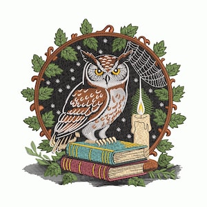 May include: An embroidered design featuring a brown and white owl with yellow eyes perched on two books. A lit candle and spiderweb are also present, all within a circular frame of leaves and branches. The background is black with white stars.