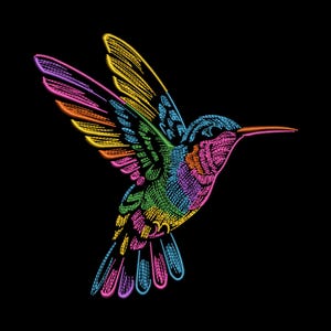 May include: A vibrant, embroidered hummingbird design against a black background. The bird features a spectrum of colors, including pink, orange, yellow, green, blue, and purple, creating a striking visual effect. The design showcases the hummingbird in mid-flight.