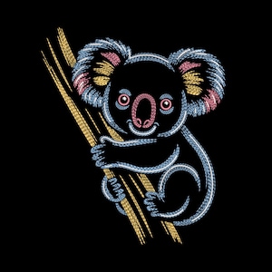 May include: A stylized illustration of a koala bear clinging to a branch, rendered with a stitched effect. The koala is black with blue, pink, and yellow accents. The branch is a golden yellow against a solid black background.